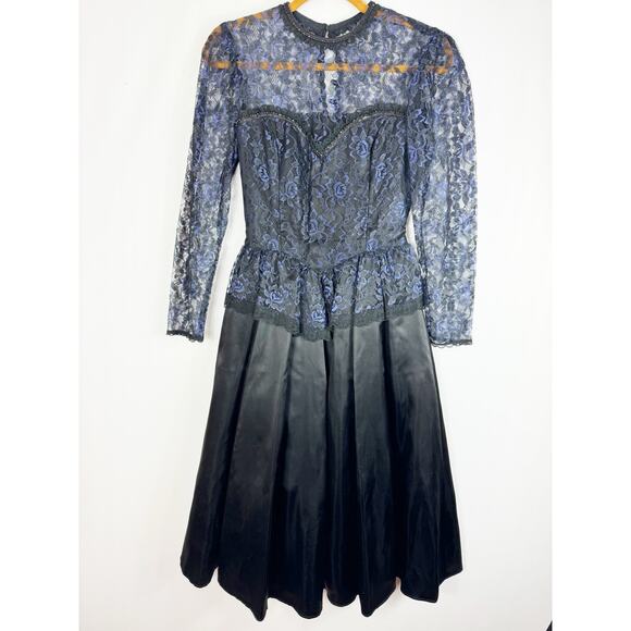 Gunne Sax Jessica McClintock Womens Vintage Dress Black Blue Lace Sweetheart 7 - Picture 1 of 11